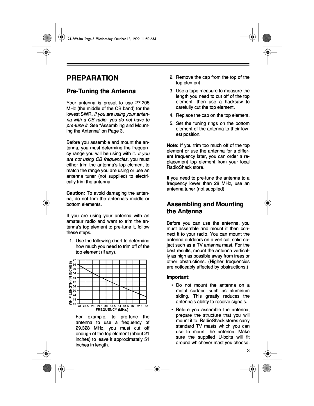 Samsung 21-869 manual Preparation, Pre-Tuningthe Antenna, Assembling and Mounting the Antenna 