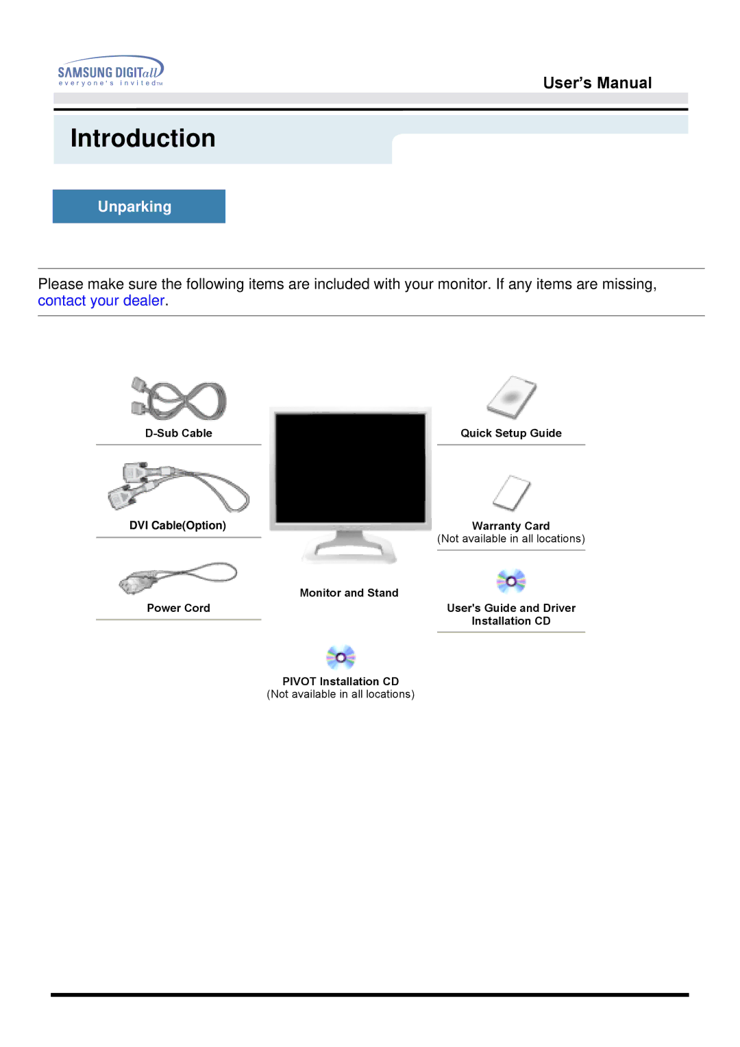 Samsung 213T manual Introduction, Unparking 