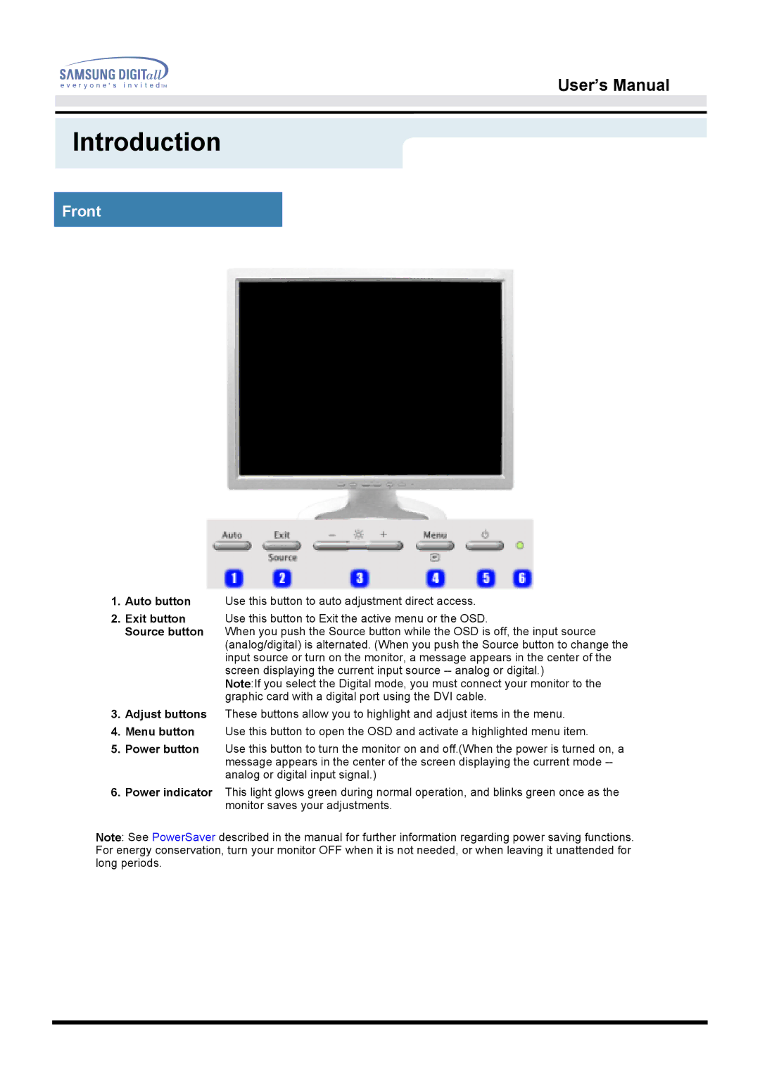 Samsung 213T manual Front 