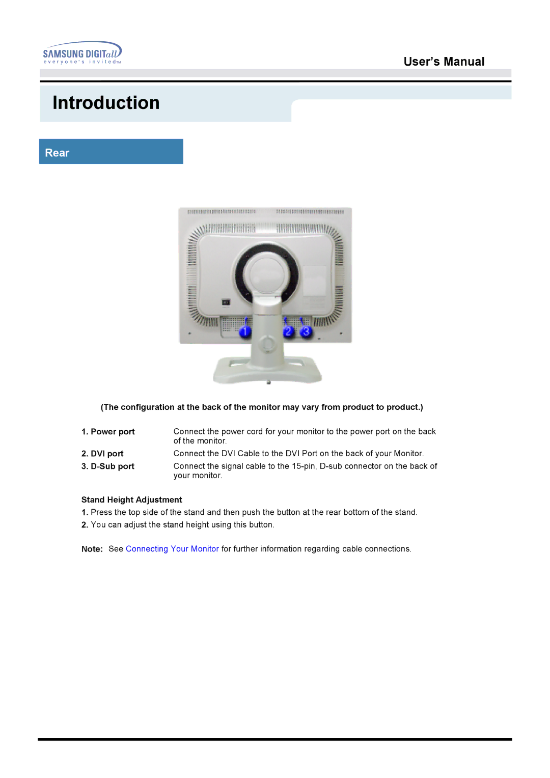 Samsung 213T manual Rear, Stand Height Adjustment 