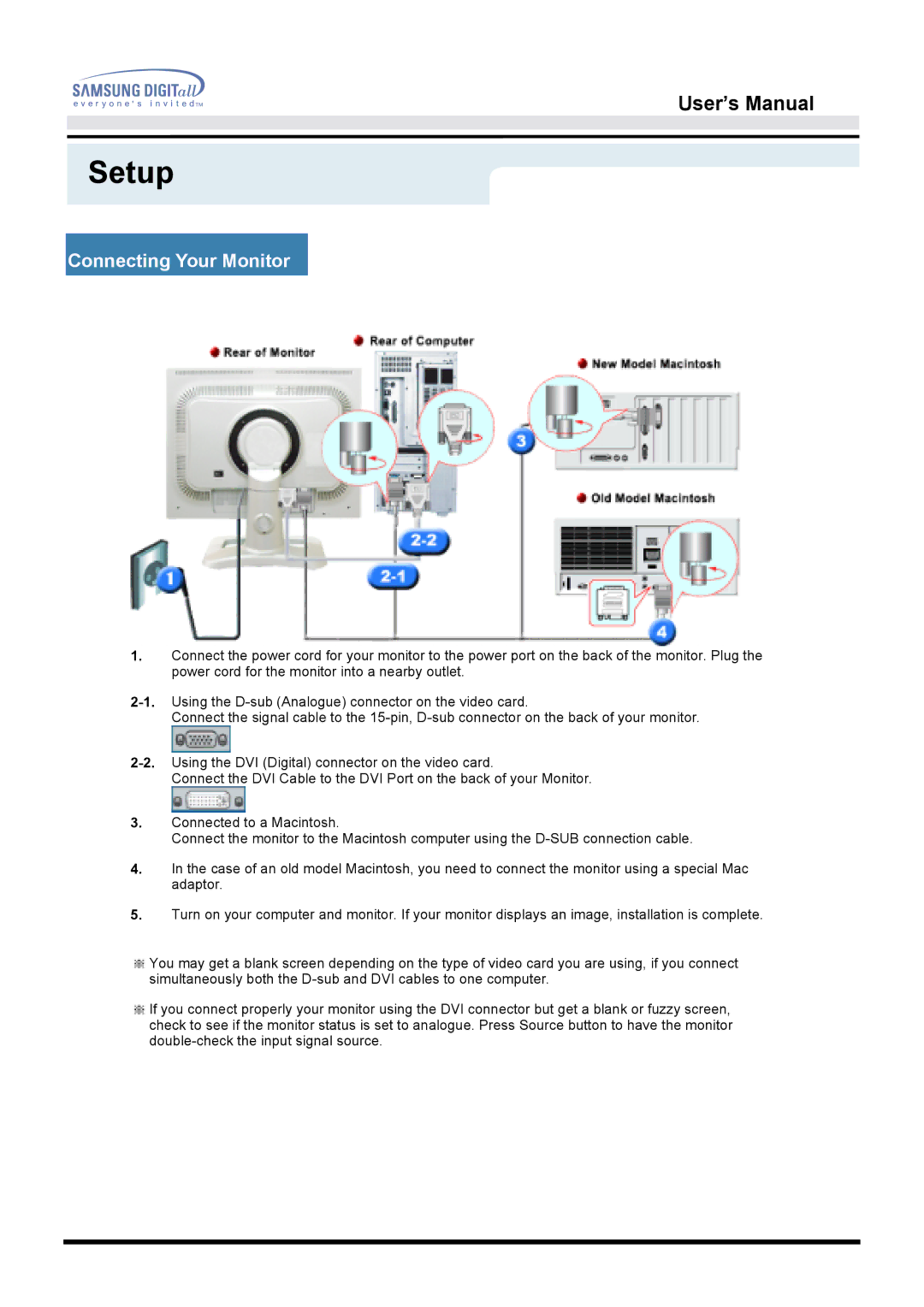 Samsung 213T manual Setup, Connecting Your Monitor 