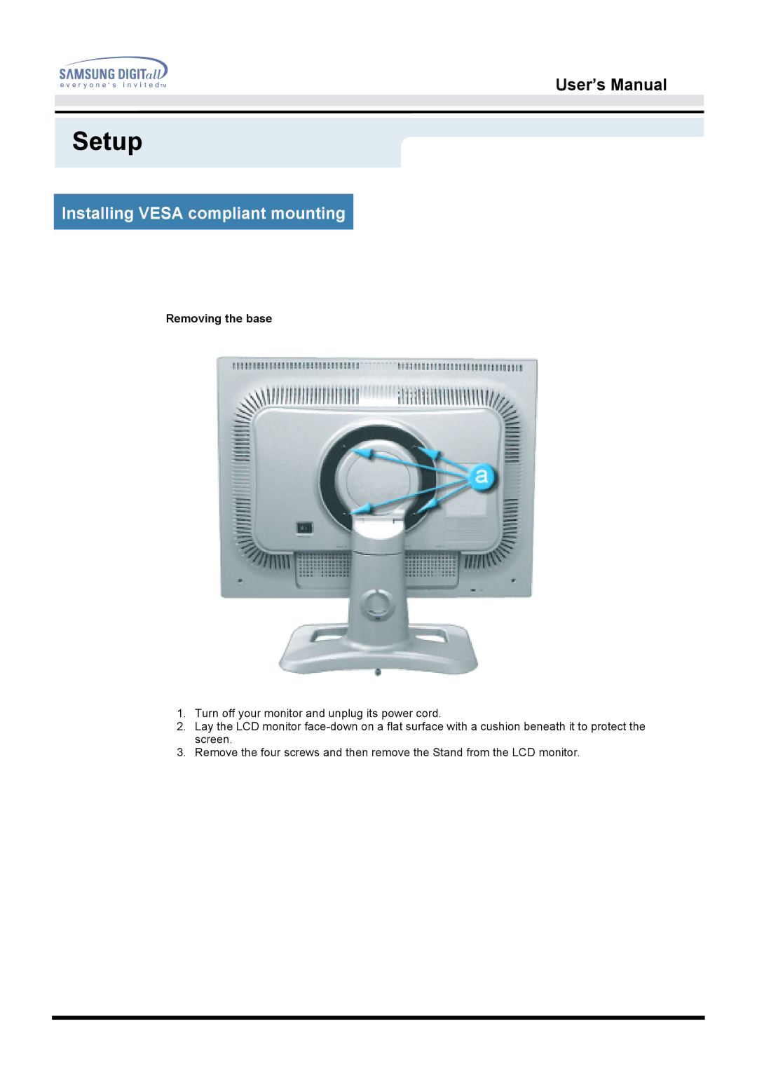 Samsung 213T manual Installing Vesa compliant mounting 