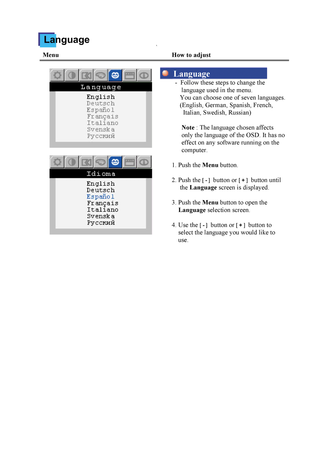 Samsung 213T manual Language 