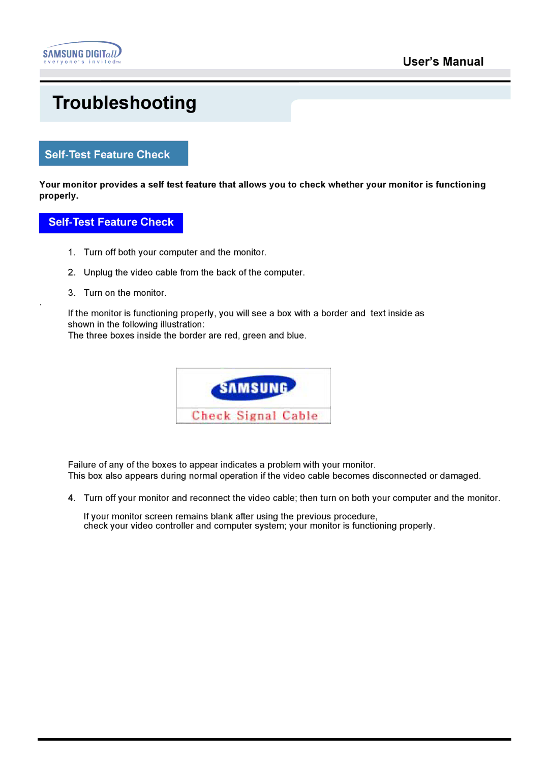 Samsung 213T manual Self-Test Feature Check 