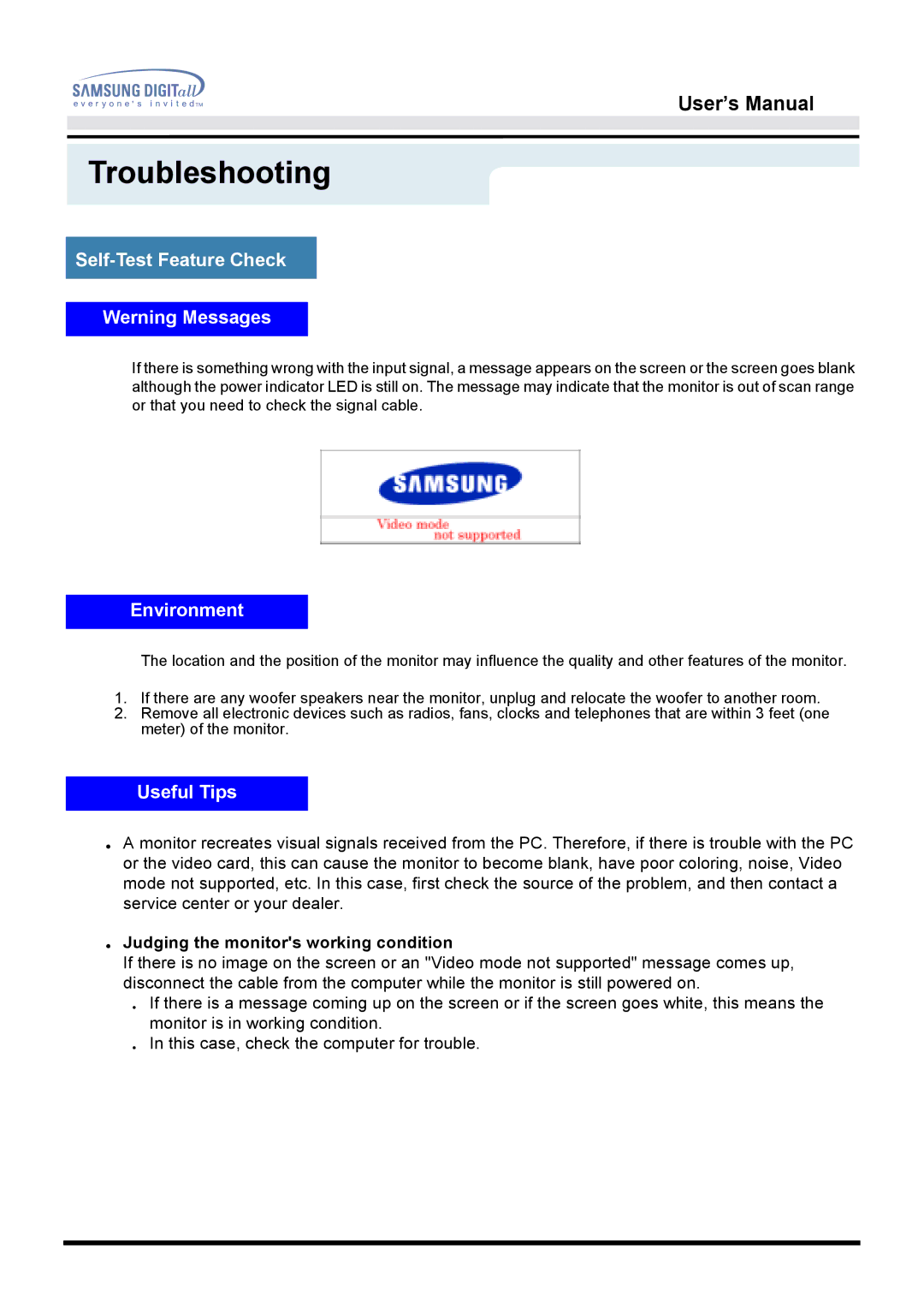 Samsung 213T Self-Test Feature Check Werning Messages, Environment, Useful Tips, Judging the monitors working condition 