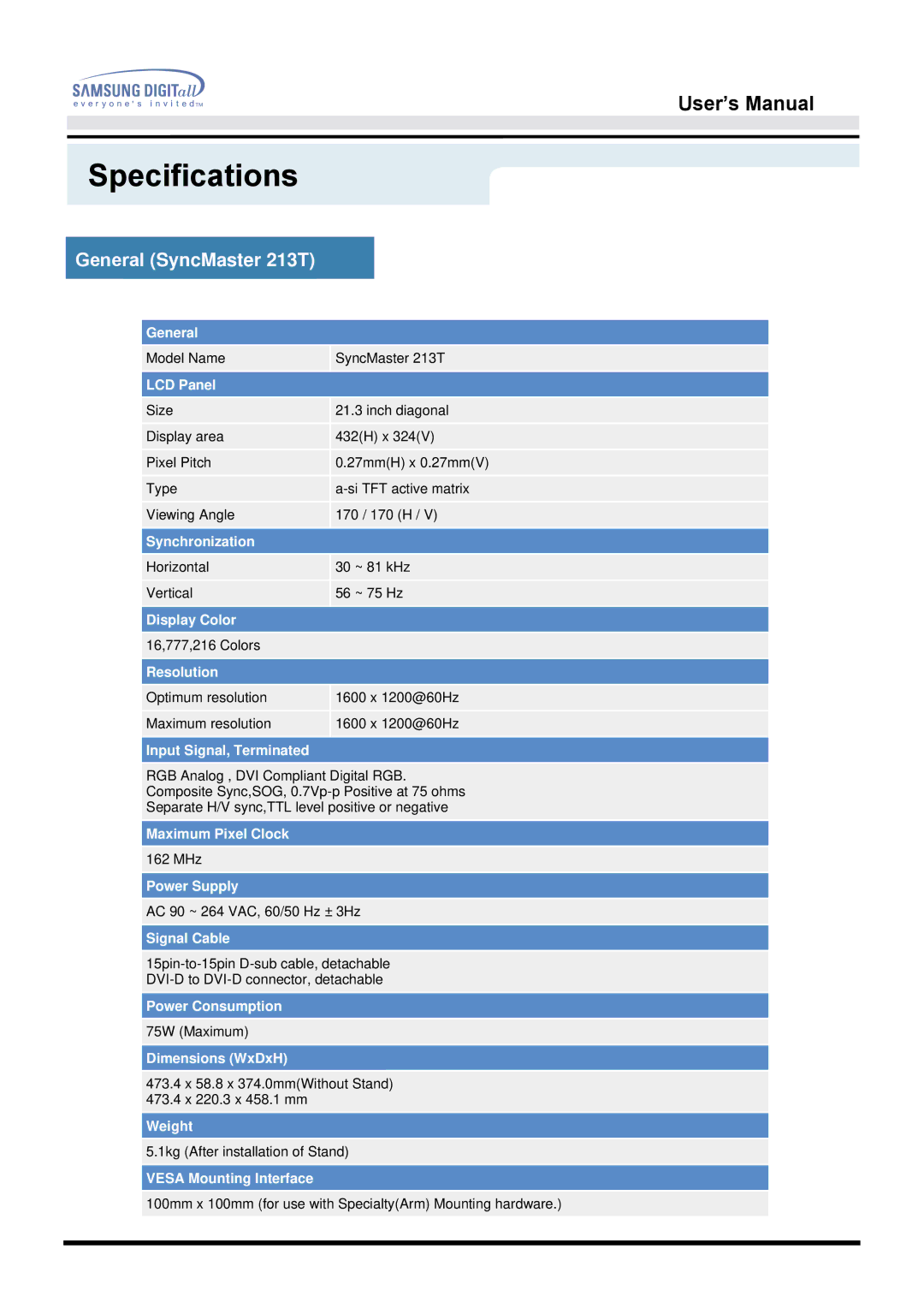 Samsung manual Specifications, General SyncMaster 213T 