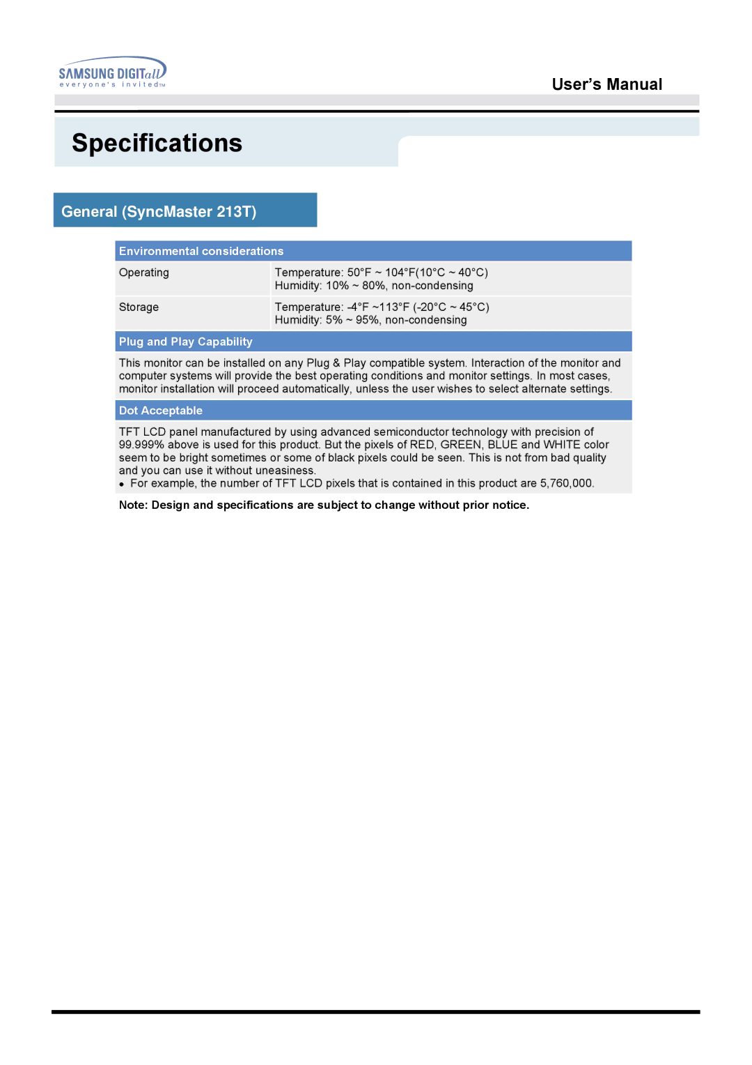 Samsung 213T manual Environmental considerations 