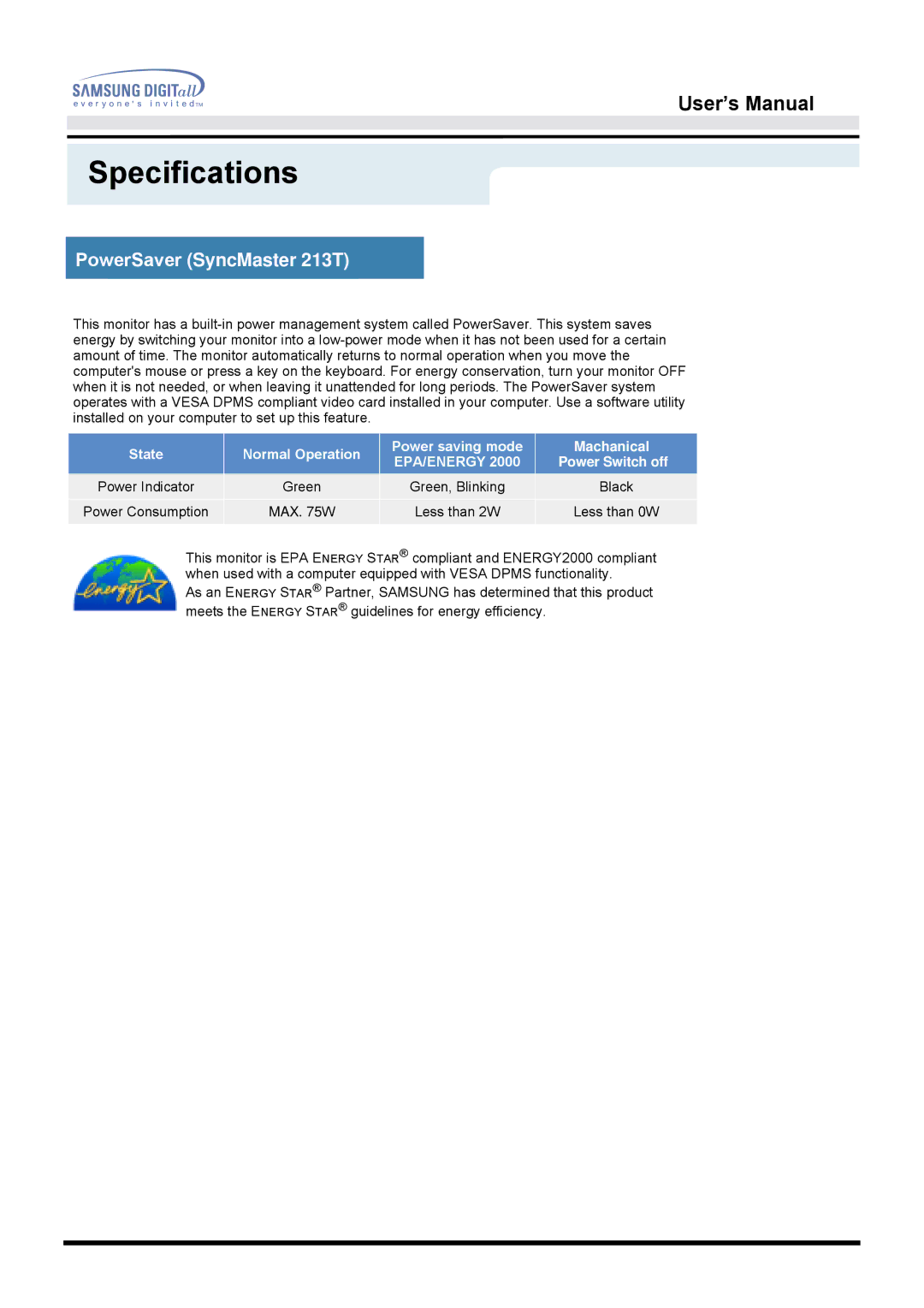 Samsung manual PowerSaver SyncMaster 213T, Epa/Energy 