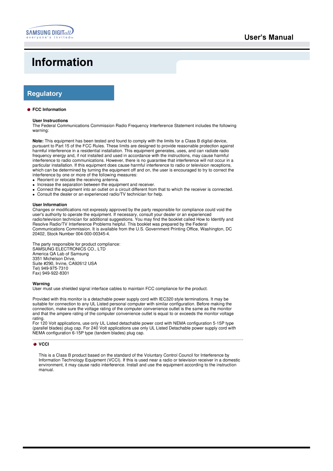 Samsung 213T manual Regulatory, FCC Information User Instructions 