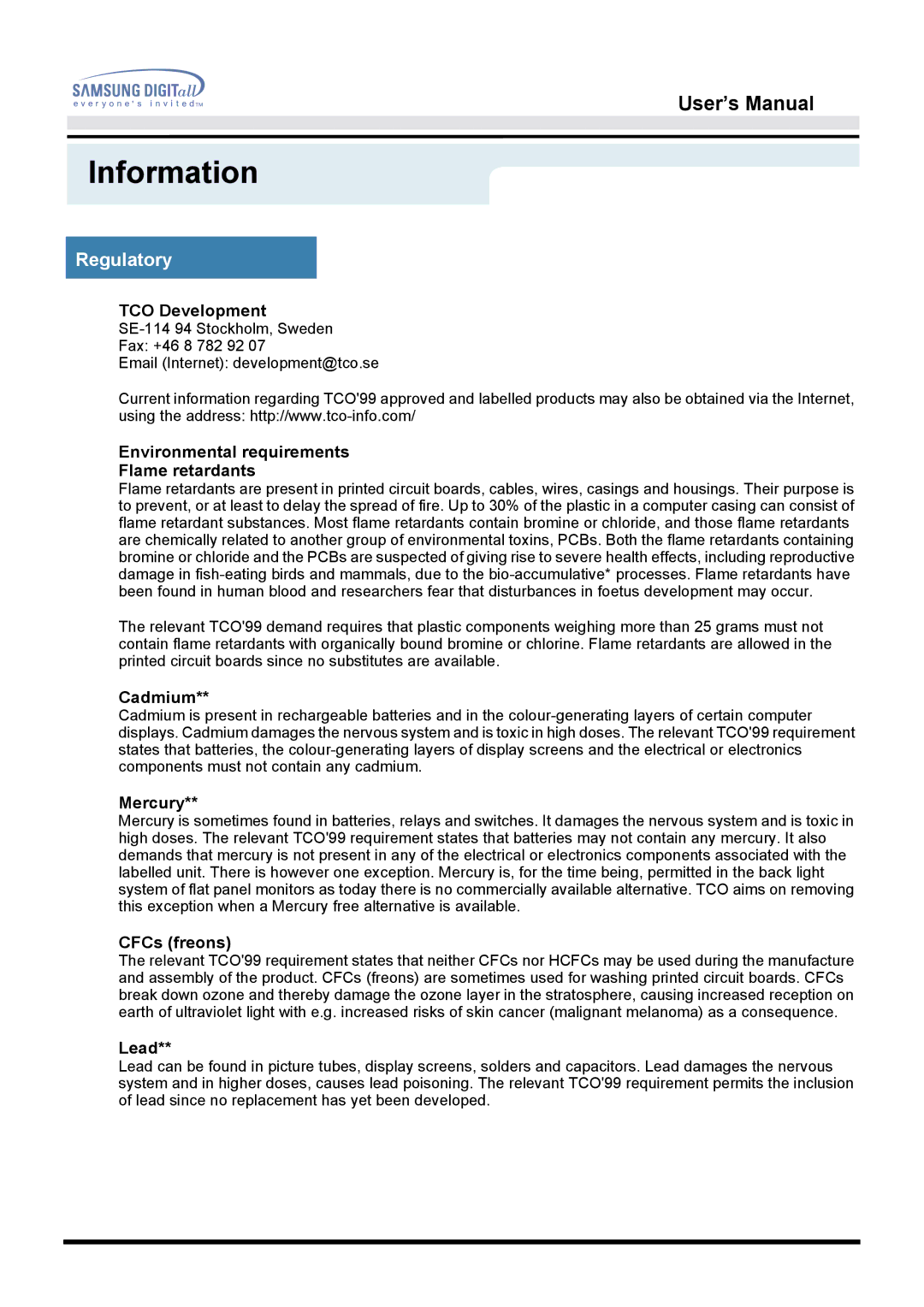 Samsung 213T manual TCO Development, Environmental requirements Flame retardants 