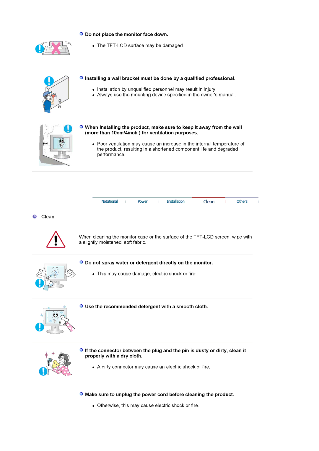 Samsung 214T manual Do not place the monitor face down, Clean, Do not spray water or detergent directly on the monitor 