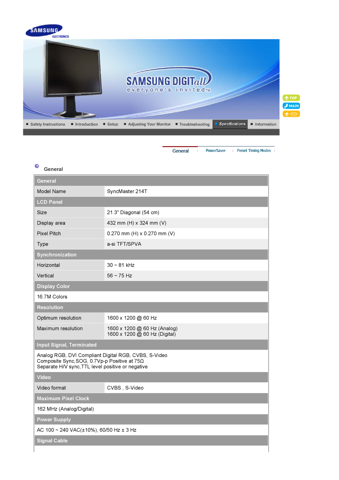 Samsung 214T General, LCD Panel, Synchronization, Display Color, Resolution, Input Signal, Terminated, Video, Power Supply 