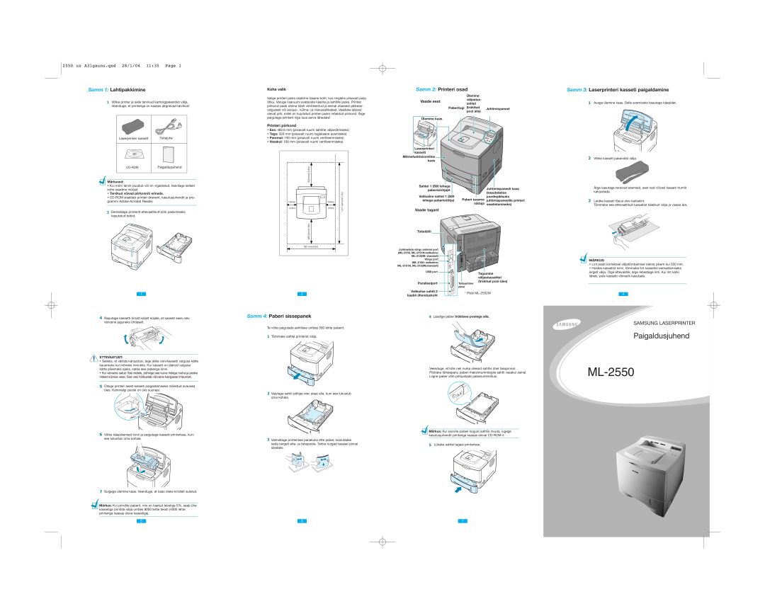 Samsung 2150 setup guide ML-2550, Paigaldusjuhend, Samsung Laserprinter, uz A3lgaunu.qxd 28/1/04 1135 Page, Koha valik 