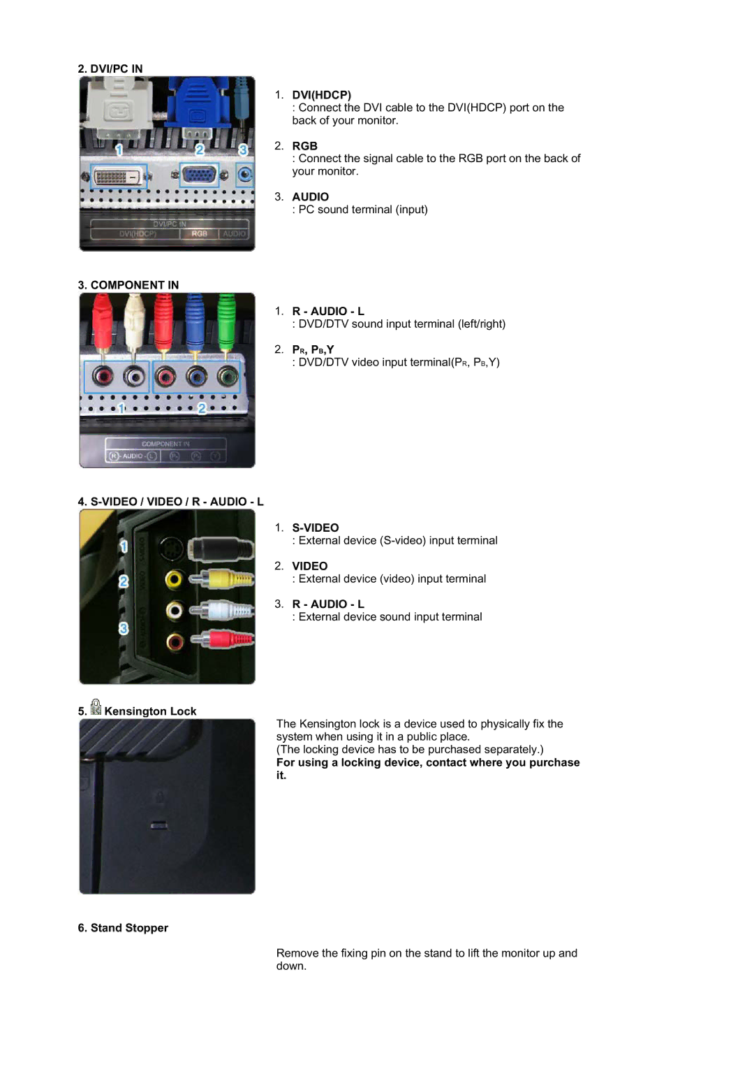 Samsung 215TW manual Rgb, Audio L, Pr, Pb,Y, Kensington Lock 