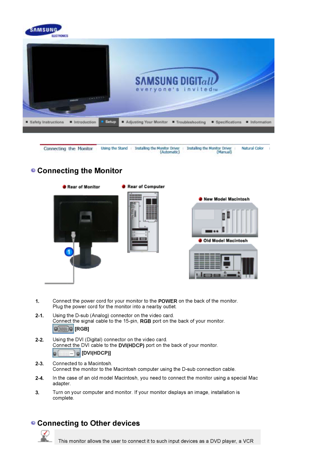 Samsung 215TW manual Connecting the Monitor 