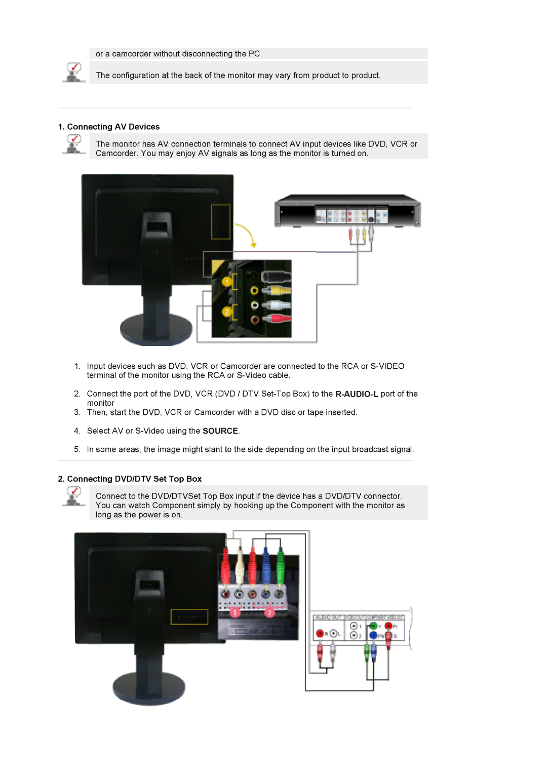 Samsung 215TW manual Connecting AV Devices, Connecting DVD/DTV Set Top Box 