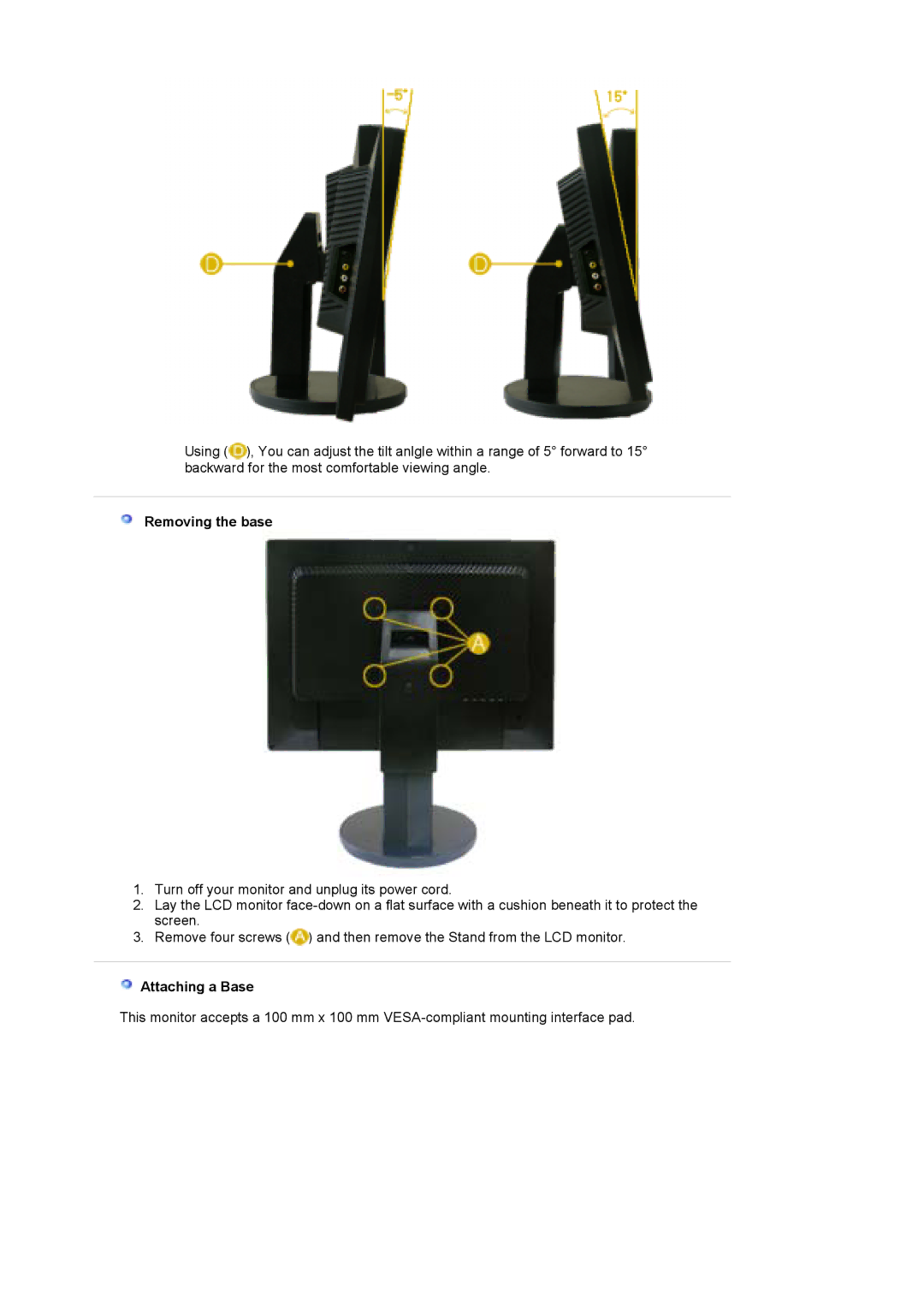 Samsung 215TW manual Removing the base, Attaching a Base 