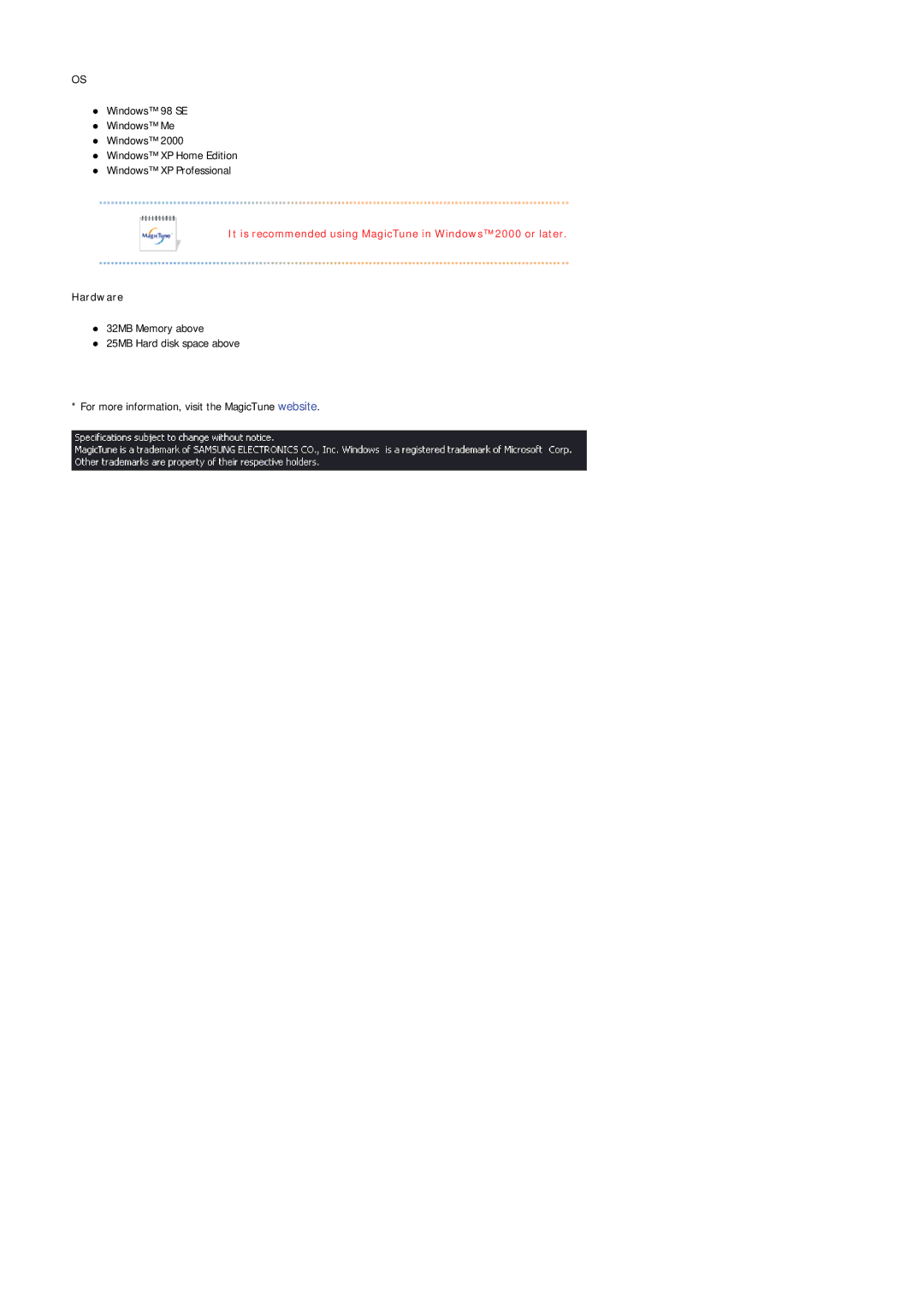 Samsung 215TW manual It is recommended using MagicTune in Windows 2000 or later 