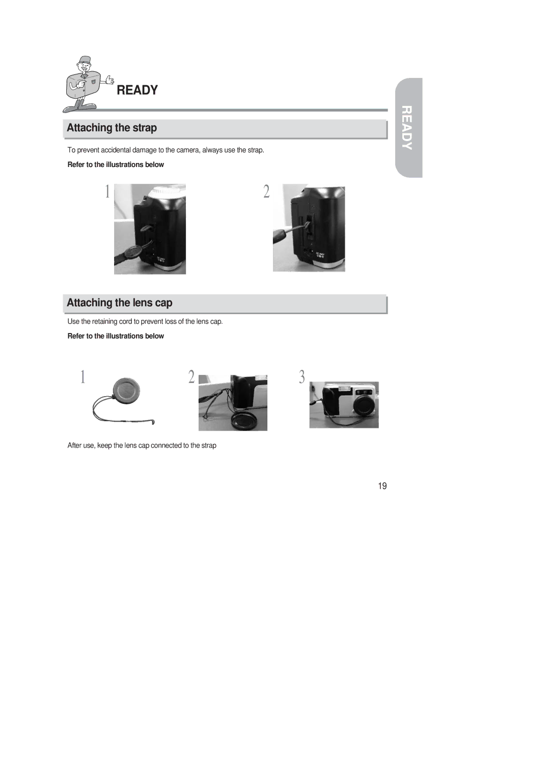 Samsung 220 SE manual Attaching the strap, Attaching the lens cap, Refer to the illustrations below 