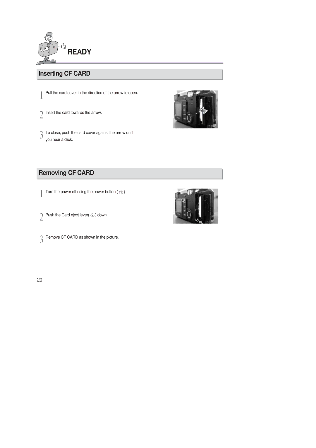 Samsung 220 SE manual Inserting CF Card, Removing CF Card 