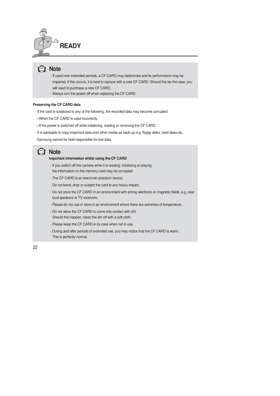 Samsung 220 SE manual Preserving the CF Card data, Important information whilst using the CF Card 