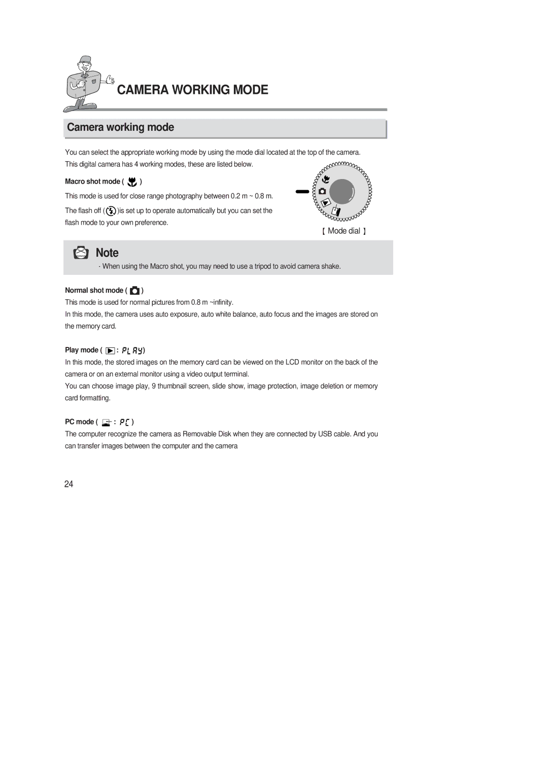 Samsung 220 SE manual Camera Working Mode, Camera working mode 