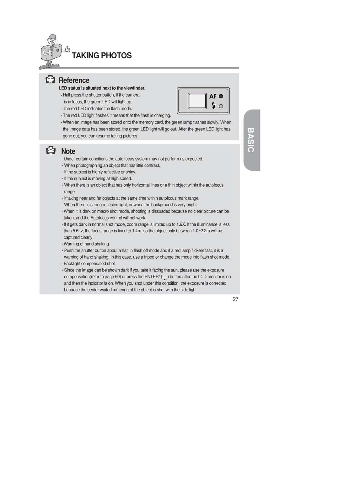 Samsung 220 SE manual LED status is situated next to the viewfinder, Backlight compensated shot 