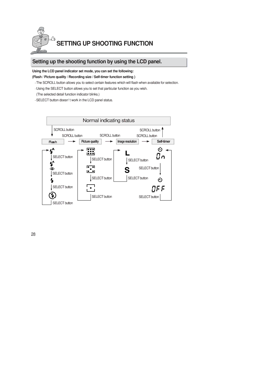 Samsung 220 SE manual Setting UP Shooting Function, Setting up the shooting function by using the LCD panel 