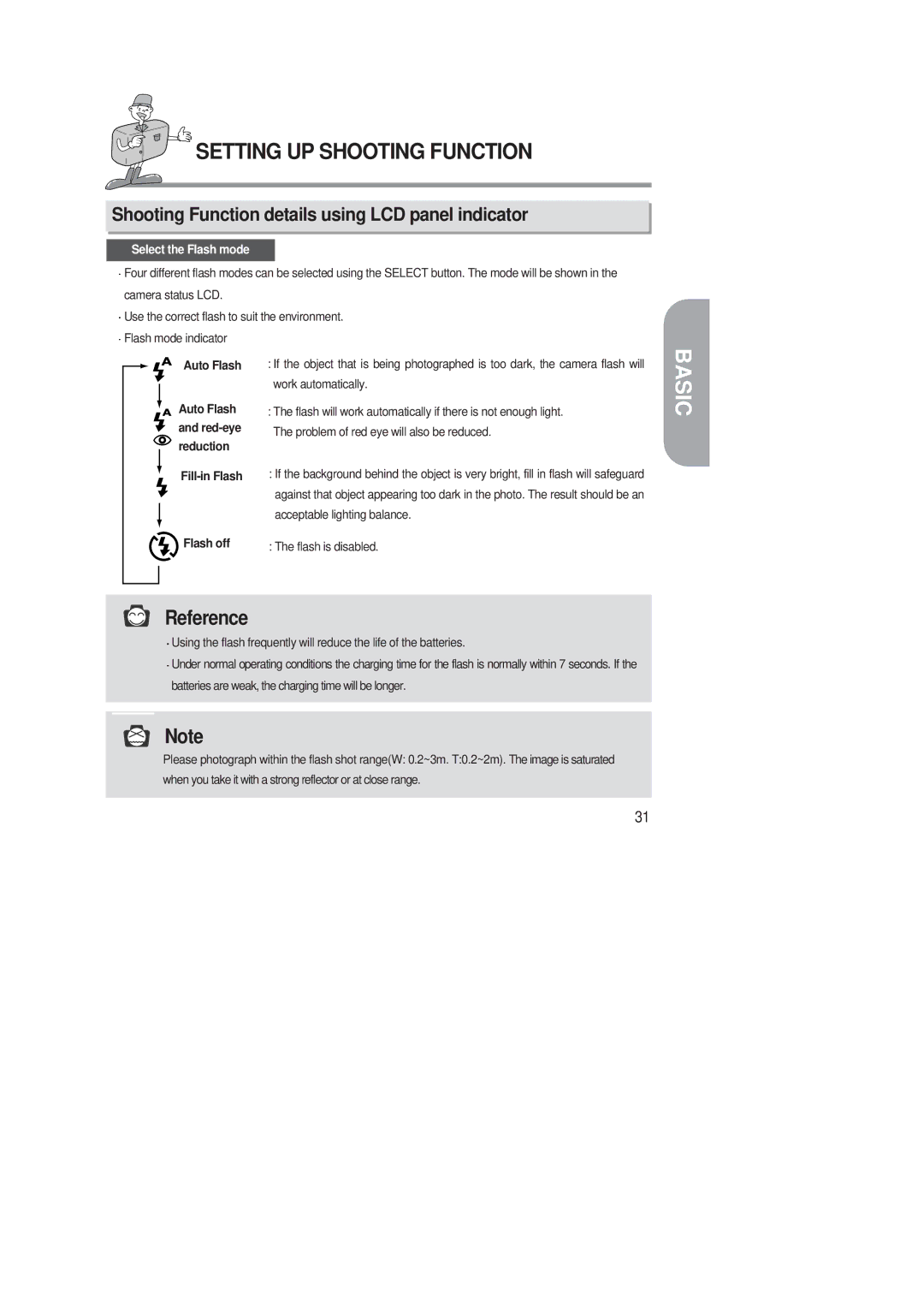 Samsung 220 SE manual Shooting Function details using LCD panel indicator, Fill-in Flash Flash off 