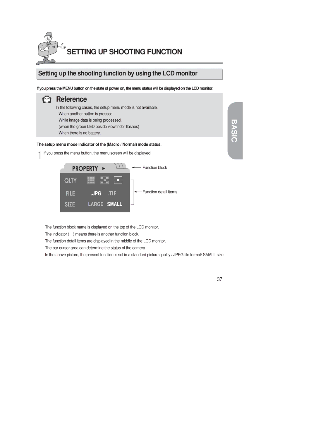 Samsung 220 SE manual Setting up the shooting function by using the LCD monitor 