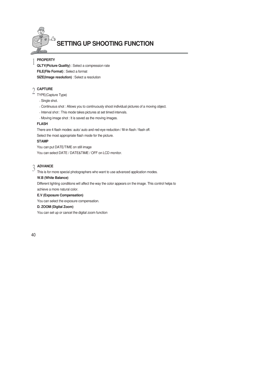 Samsung 220 SE manual White Balance, Exposure Compensation, Zoom Digital Zoom 