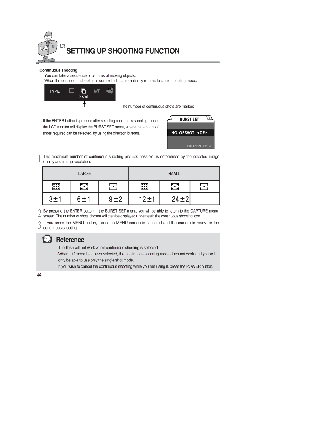 Samsung 220 SE manual Continuous shooting, Large Small 