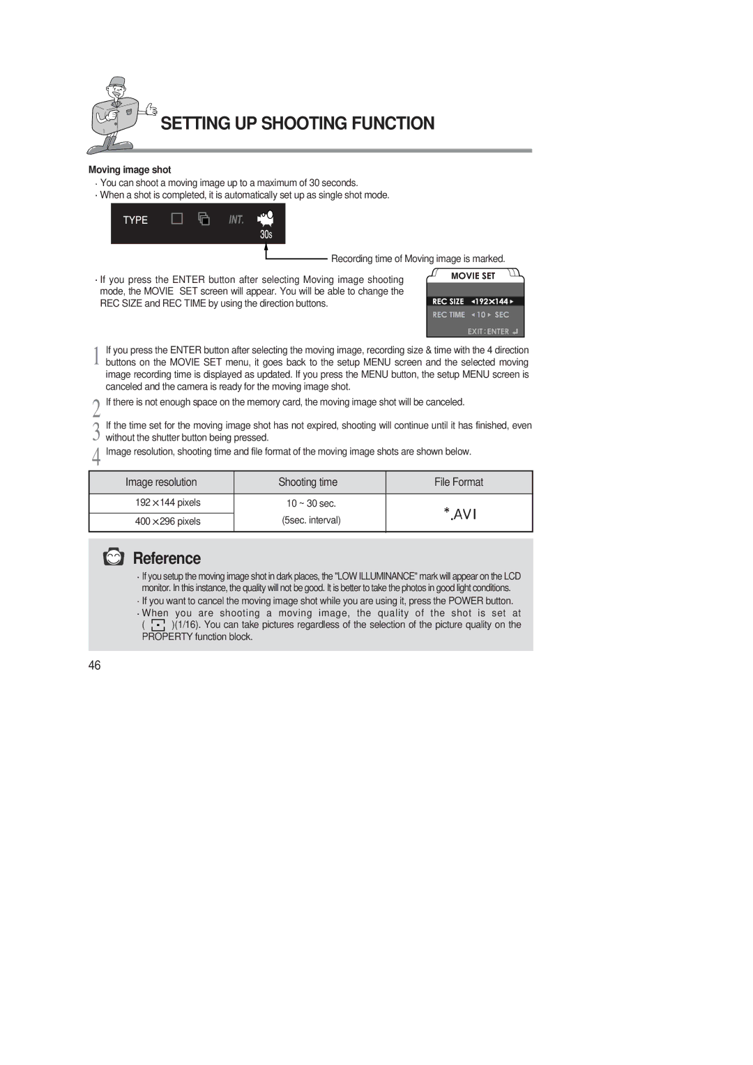 Samsung 220 SE manual Moving image shot 