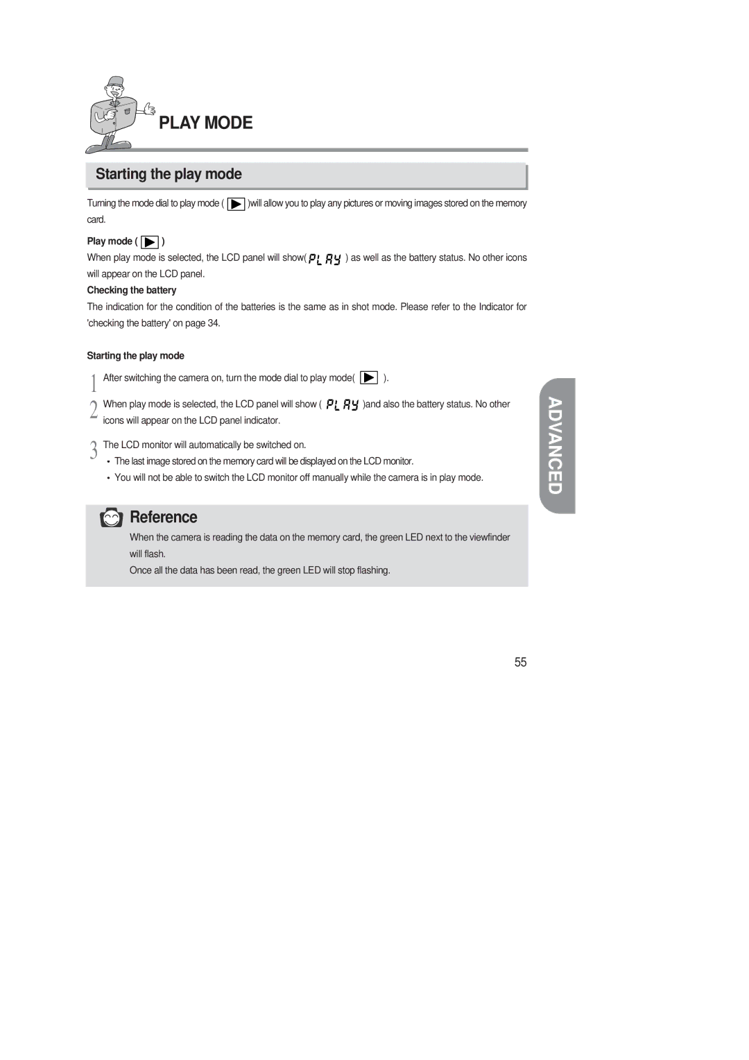 Samsung 220 SE manual Play Mode, Starting the play mode, Checking the battery 