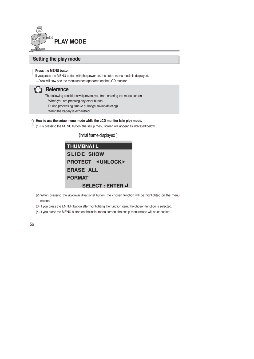 Samsung 220 SE manual Setting the play mode, Press the Menu button 