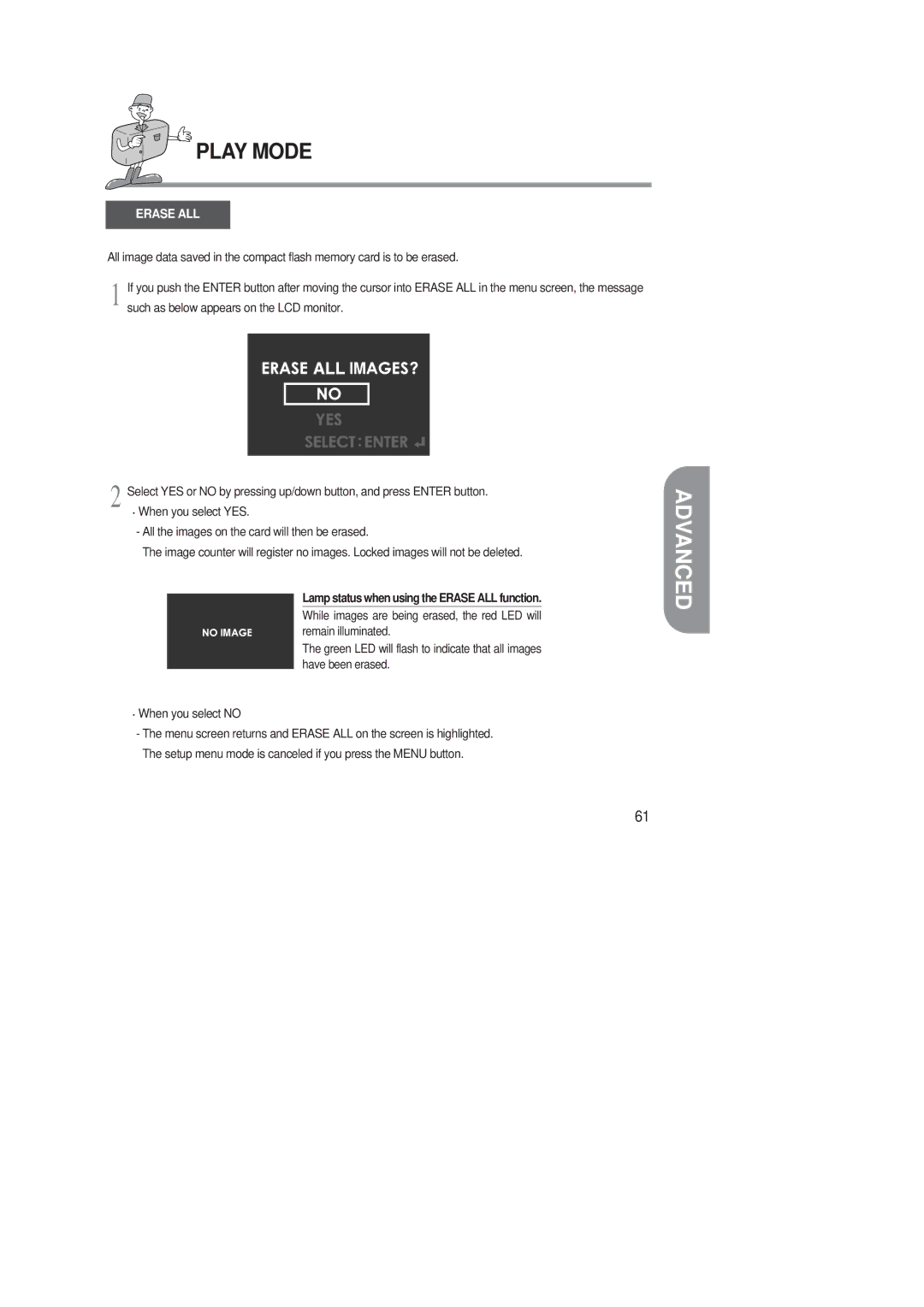 Samsung 220 SE manual Lamp status when using the Erase ALL function 