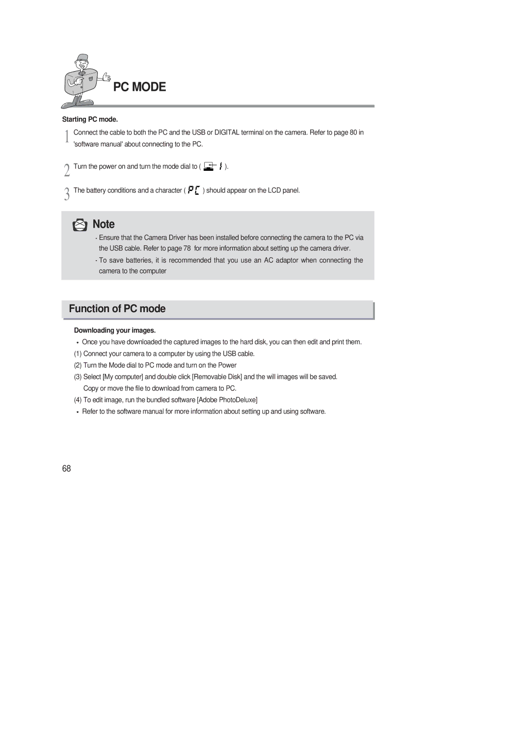 Samsung 220 SE manual Function of PC mode, Starting PC mode, Downloading your images 