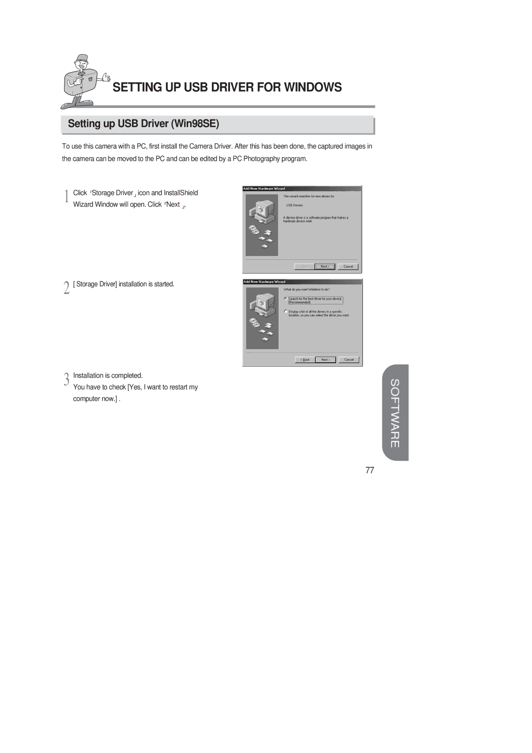 Samsung 220 SE manual Setting UP USB Driver for Windows, Setting up USB Driver Win98SE 