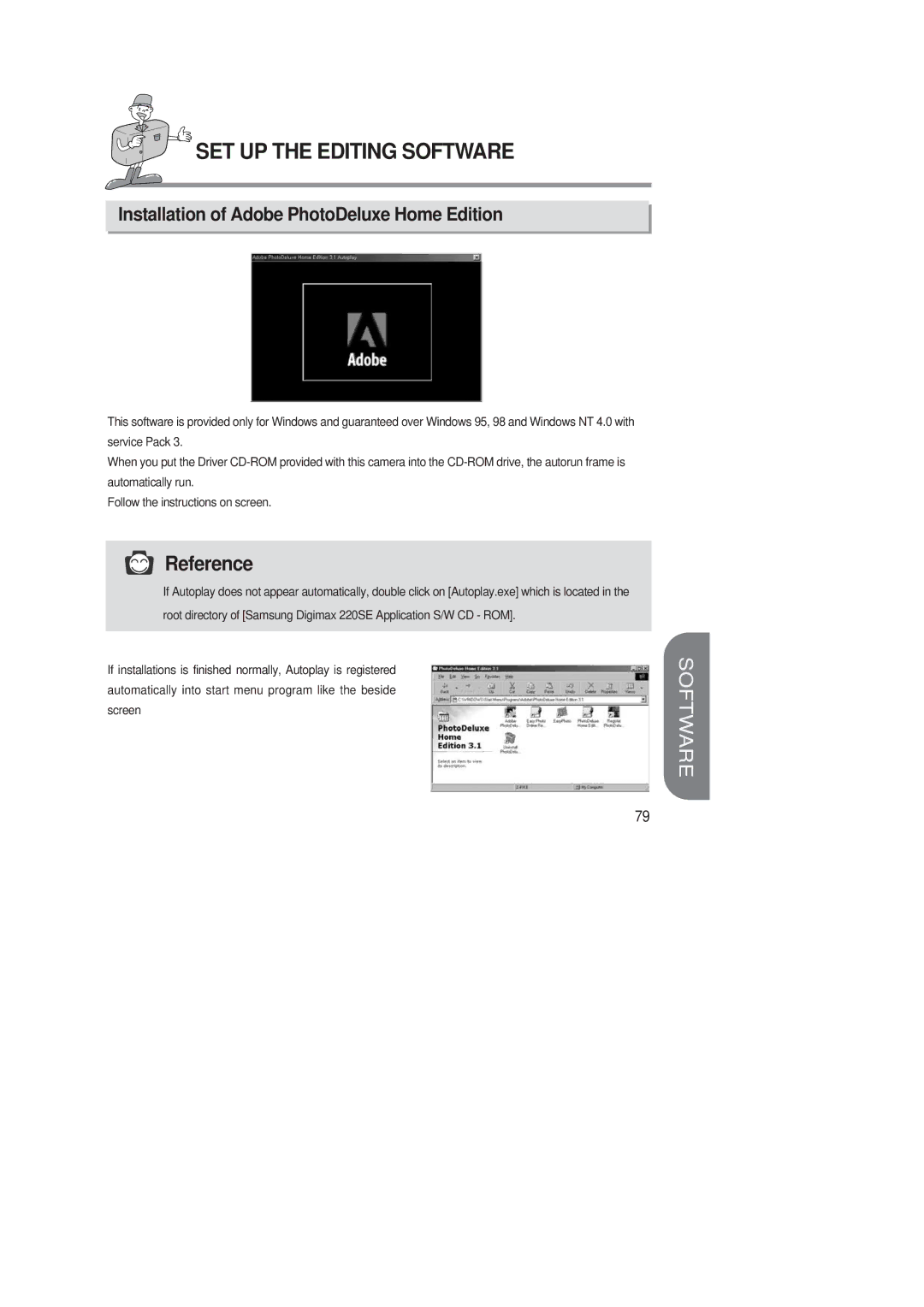 Samsung 220 SE manual SET UP the Editing Software, Installation of Adobe PhotoDeluxe Home Edition 