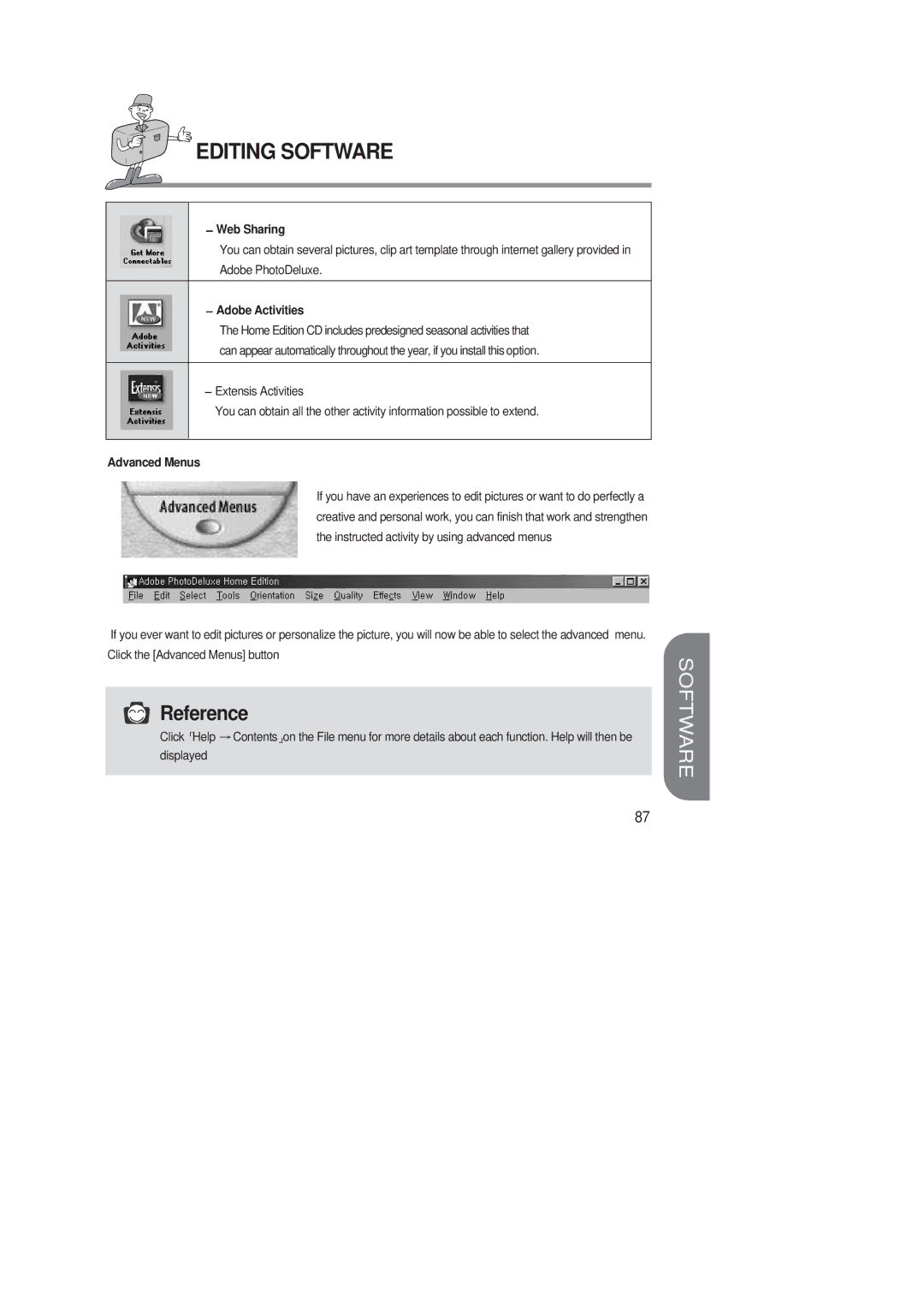 Samsung 220 SE manual Web Sharing, Adobe Activities, Advanced Menus 