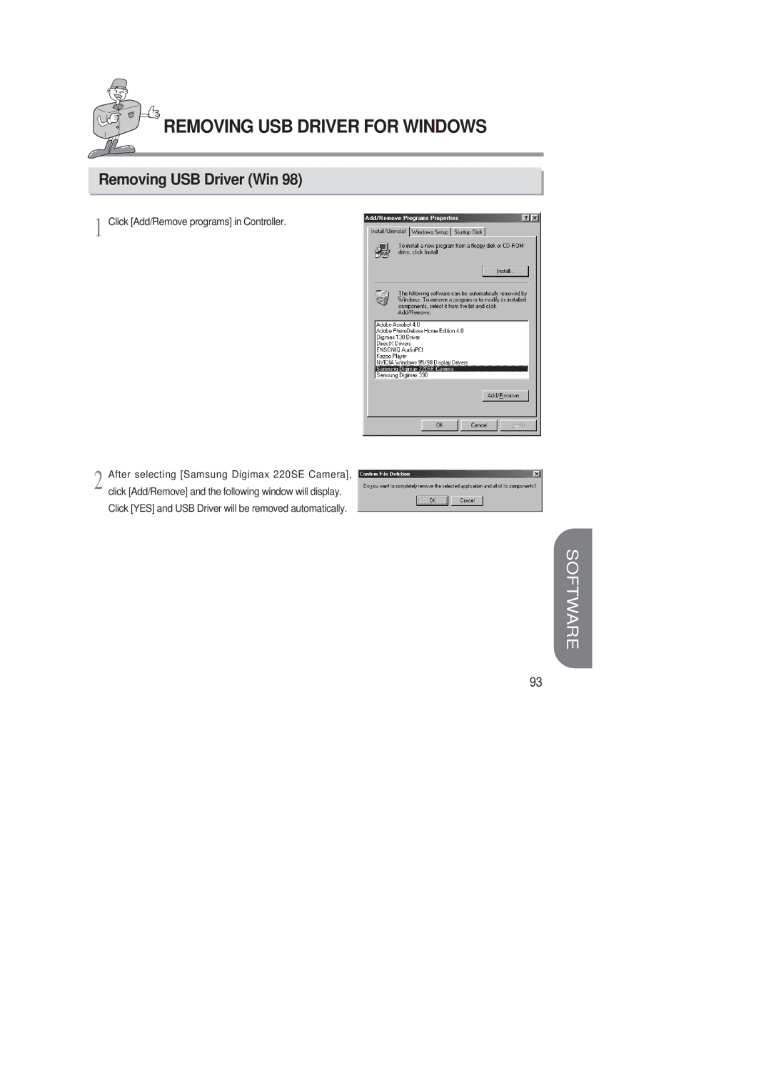 Samsung 220 SE manual Removing USB Driver for Windows, Removing USB Driver Win 