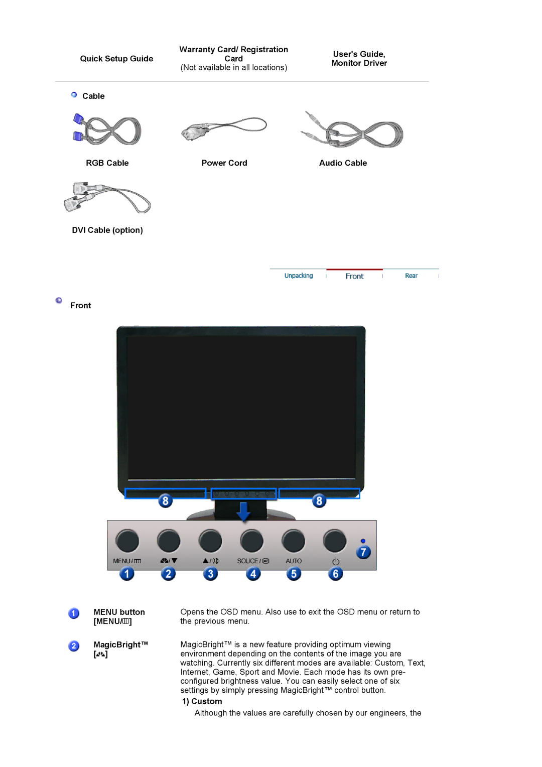 Samsung 2220WM manual Menu, MagicBright, Custom 