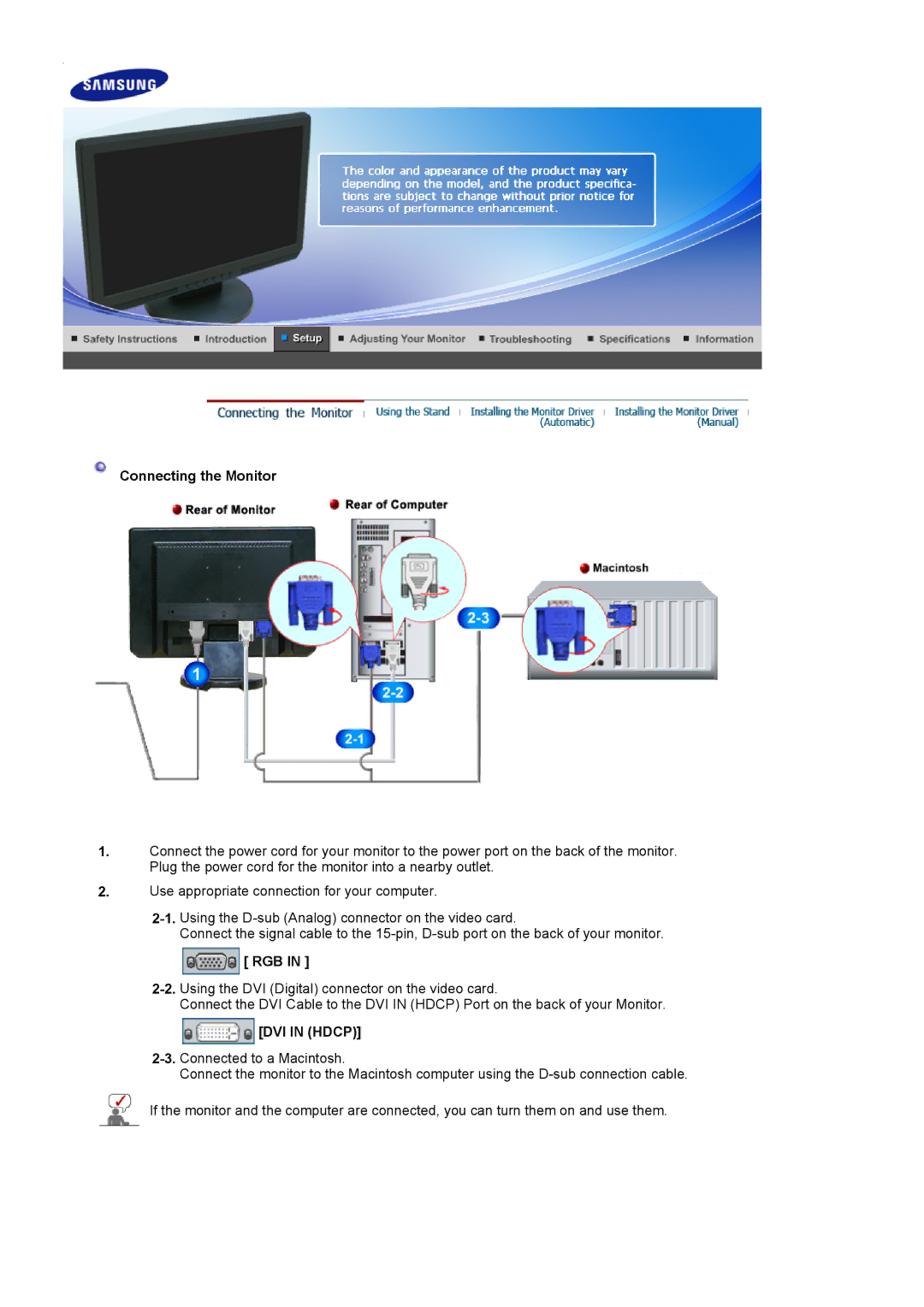 Samsung 2220WM manual Connecting the Monitor, Rgb 