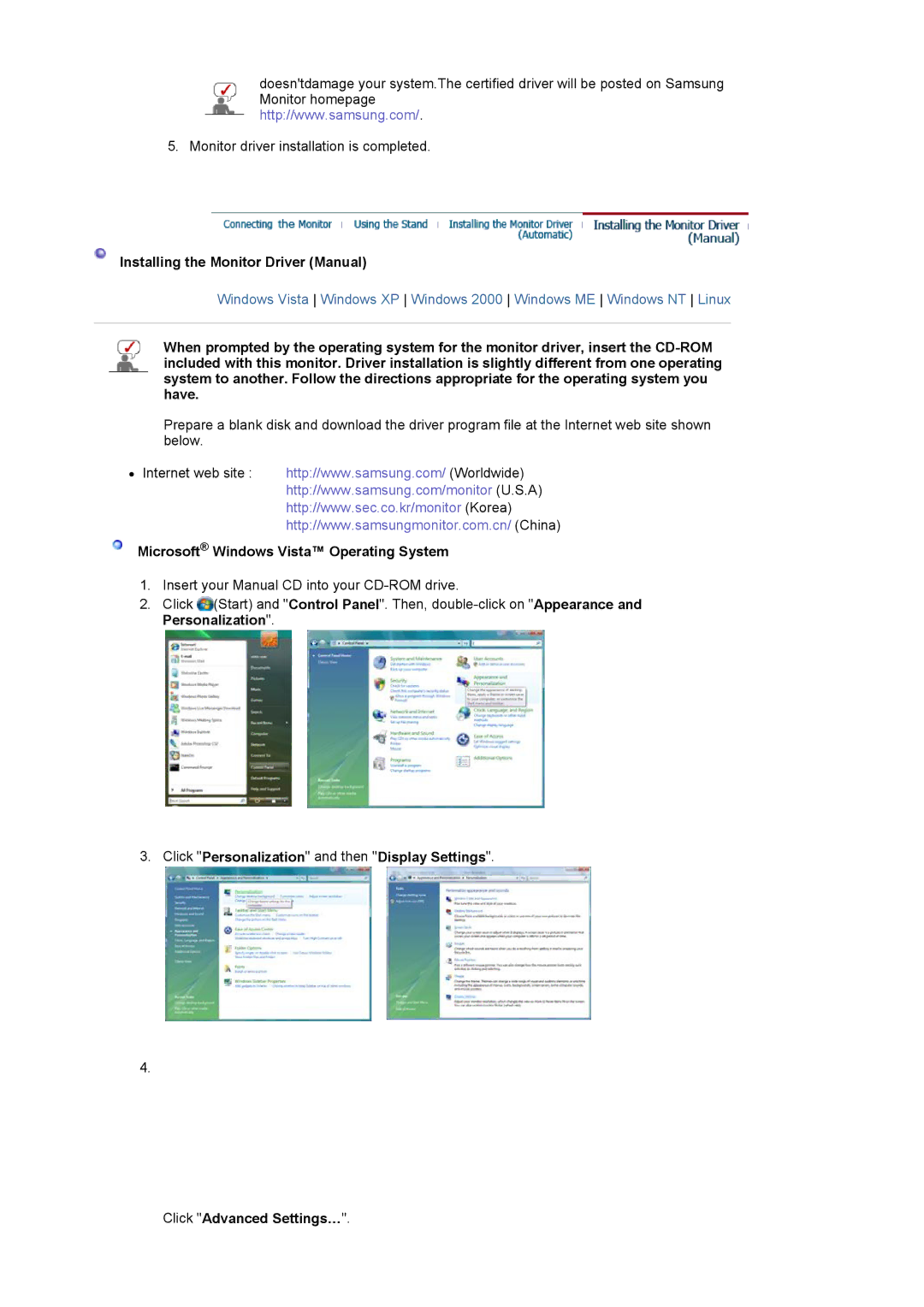 Samsung 2220WM manual Installing the Monitor Driver Manual, Microsoft Windows Vista Operating System 