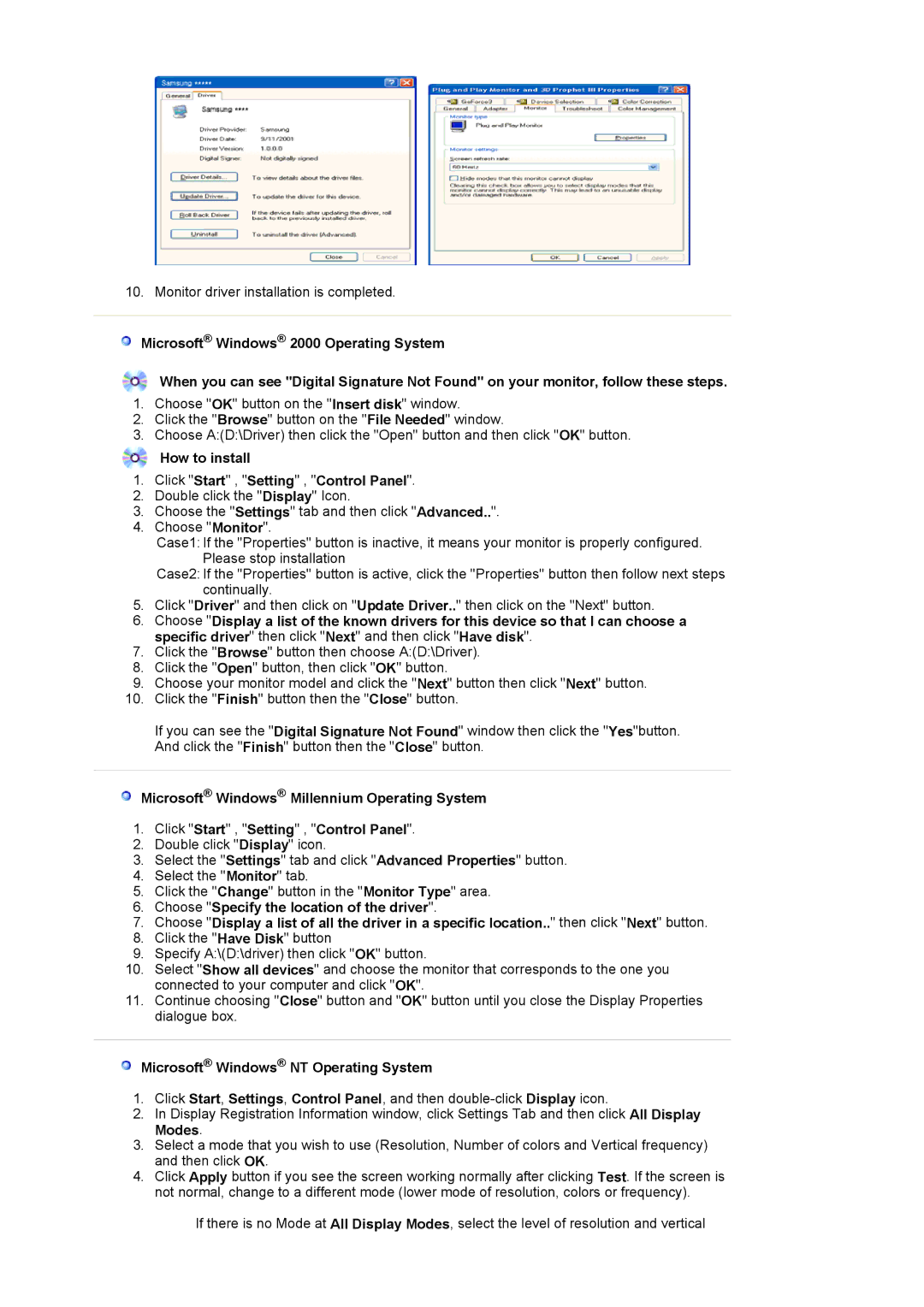 Samsung 2220WM manual How to install Click Start , Setting , Control Panel, Microsoft Windows NT Operating System 