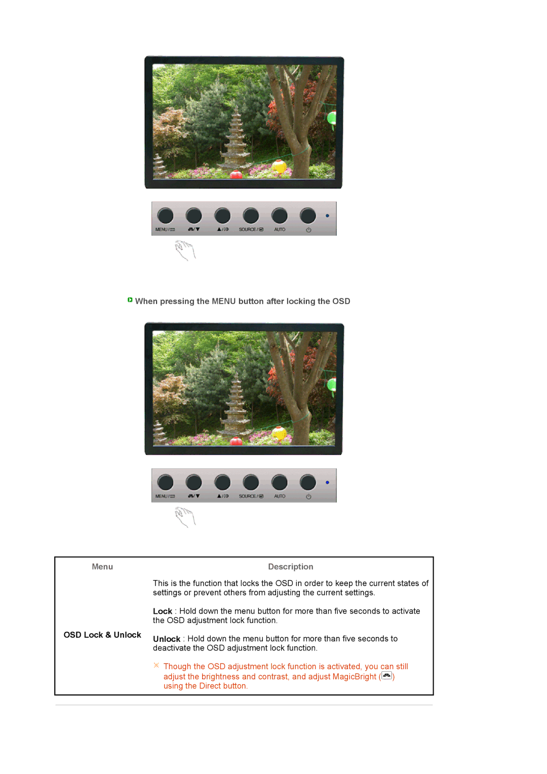 Samsung 2220WM manual Menu Description, OSD Lock & Unlock 