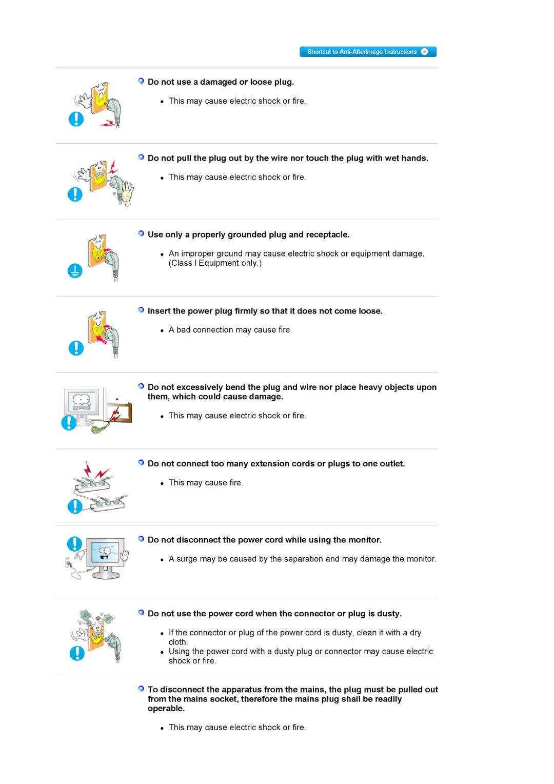 Samsung 2220WM manual Do not use a damaged or loose plug, Use only a properly grounded plug and receptacle 