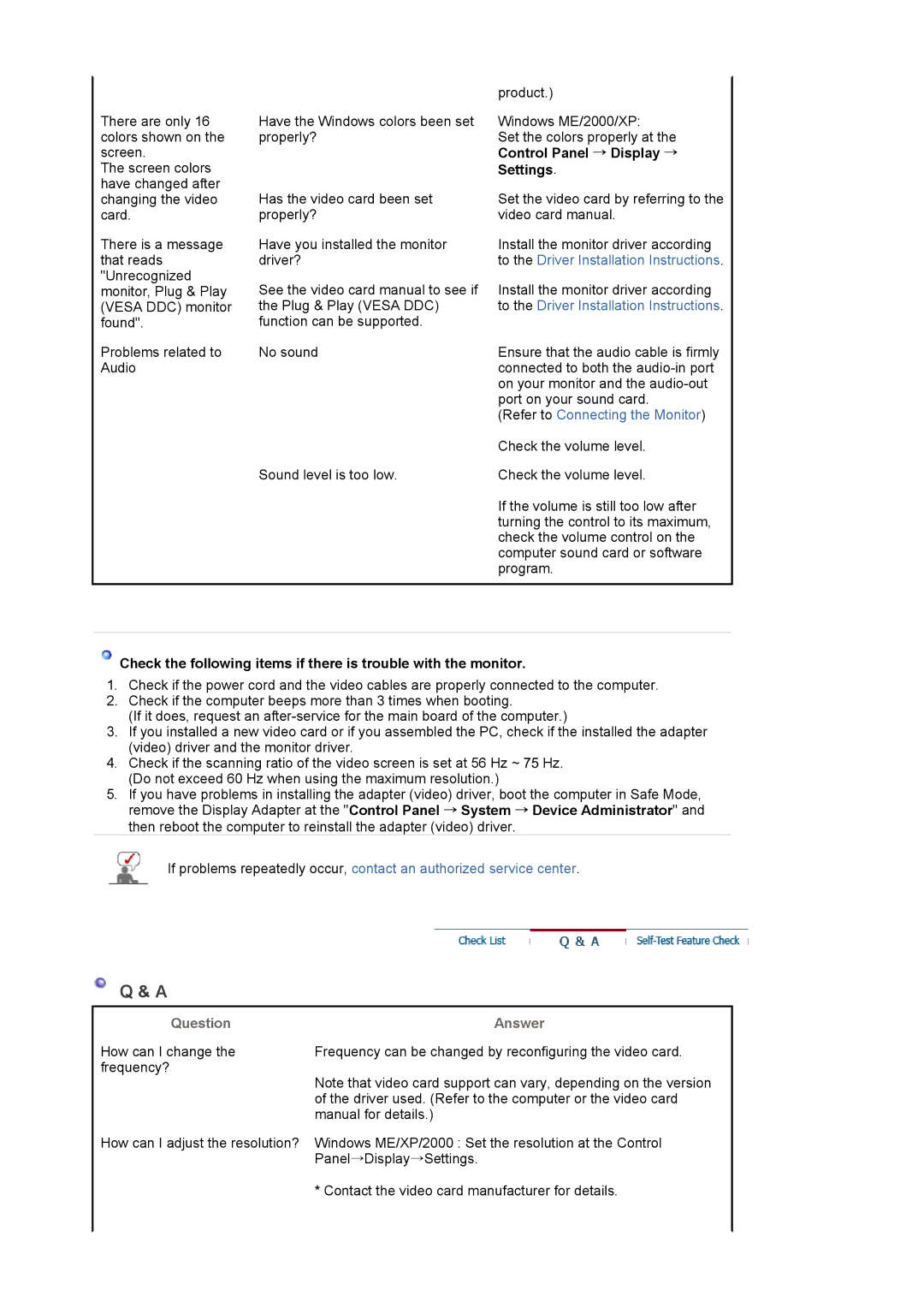 Samsung 2220WM manual Control Panel → Display → Settings, Question, Answer 