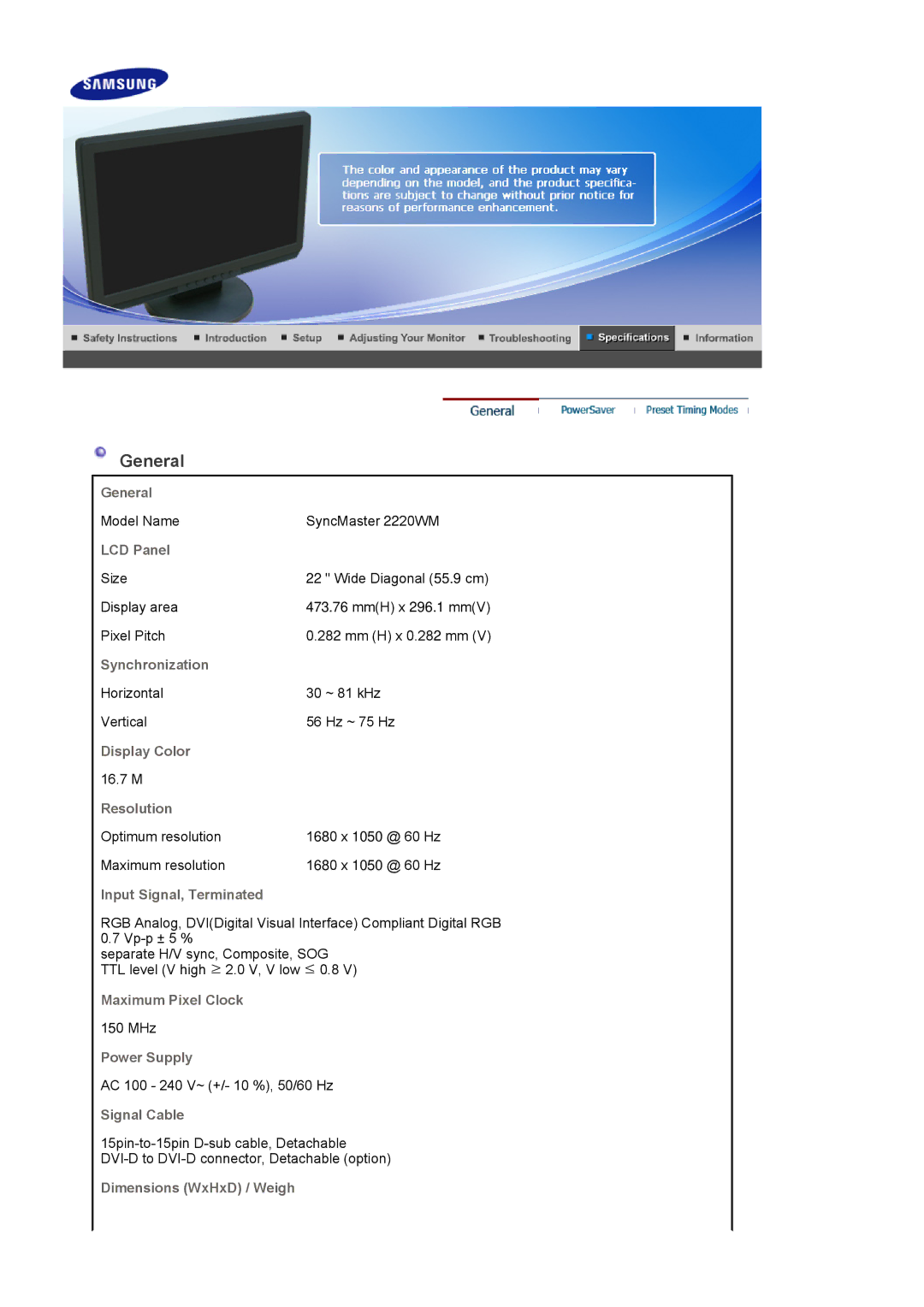 Samsung 2220WM manual General 