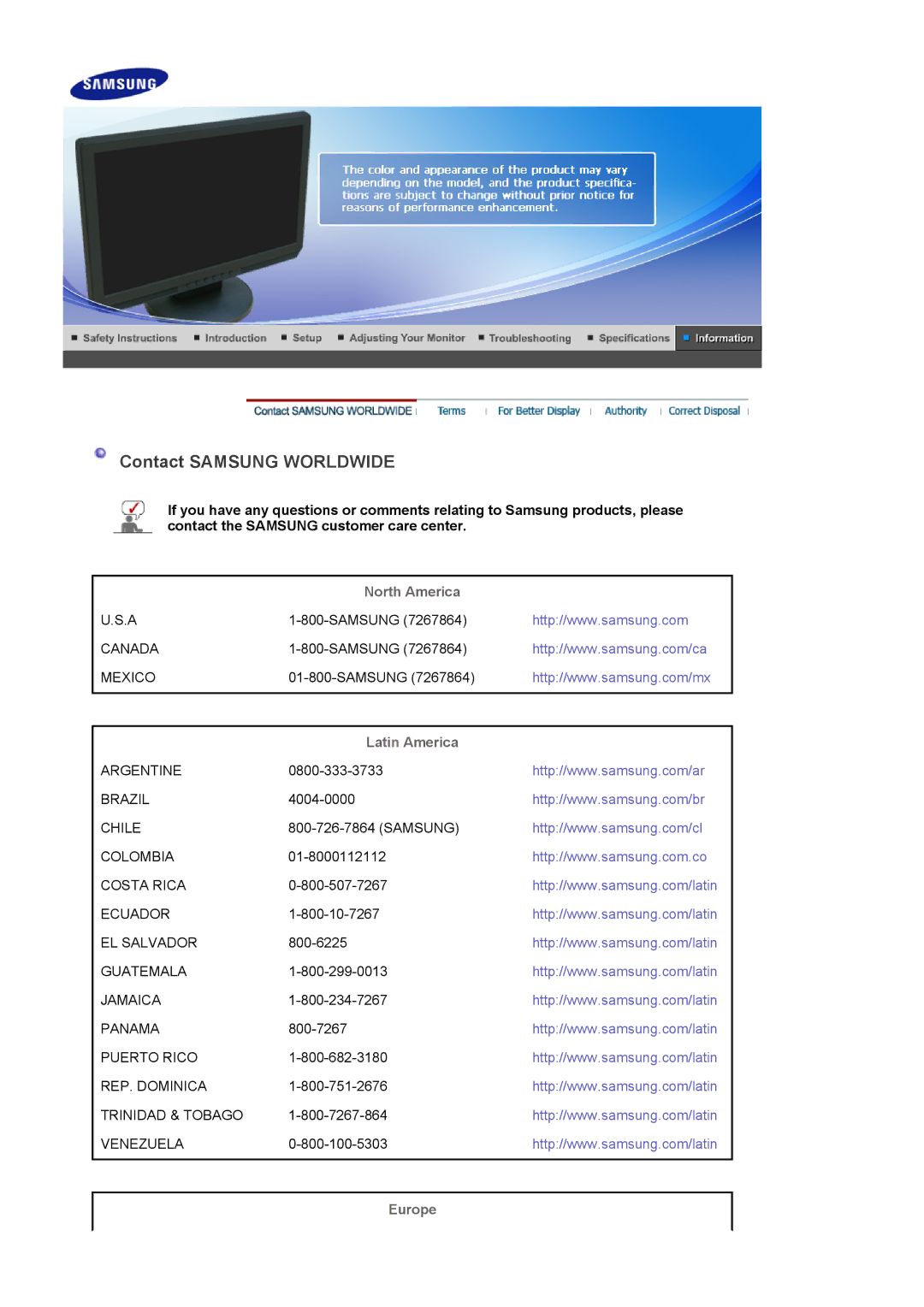 Samsung 2220WM manual Contact Samsung Worldwide, North America, Latin America, Europe 